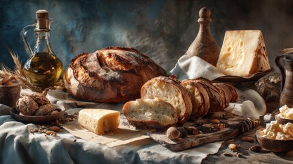 Rustic Delights: A Still Life Composition with Bread, Cheese, and Olive Oil