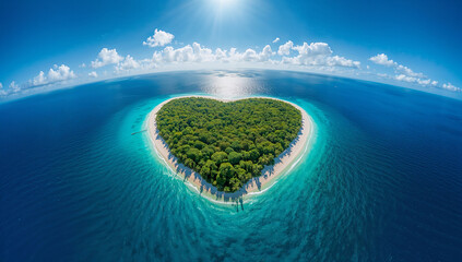 青い海に浮かぶハート形の南国アイランド 旅のイメージ背景.生成AI