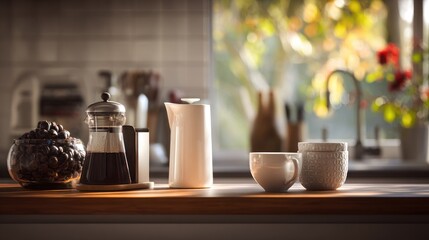 Inviting Coffee Arrangement on Kitchen Countertop with Soft Natural Lighting