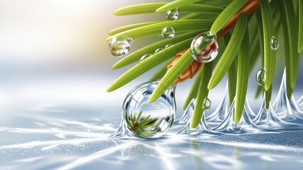 Macro shot of dew drops on a pine needle with reflections.