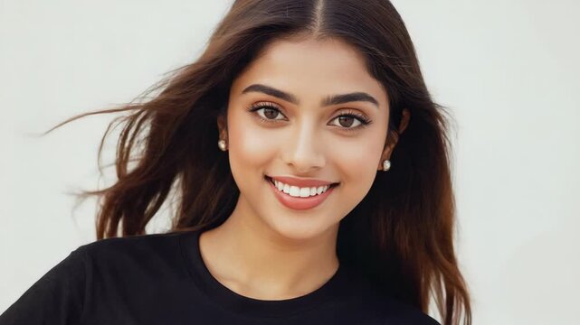 A beautiful woman is smiling at the camera. Her long brown hair flows gently around her face. She has a radiant complexion and is wearing subtle makeup that accentuates her eyes.
