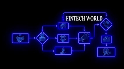 fintech world text neon icons handshake hacker money lightbulb phone people house growth chart blue glow digital interface business process management concept - Powered by Adobe