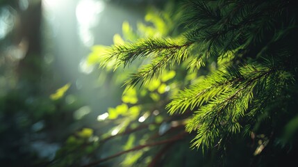 Enchanting Sunlight Through Evergreen Boughs in a Tranquil Forest Setting