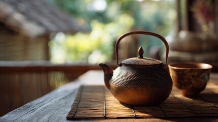 Rustic charm: Traditional cast iron teapot and teacup in a serene setting