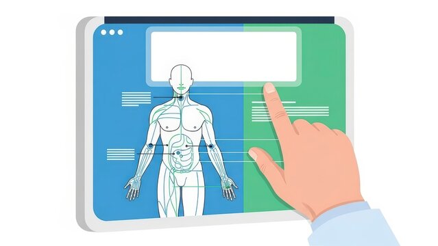 Human Body Anatomy Interface with Hand Interacting on Digital Screen. - Powered by Adobe