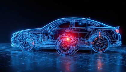 Futuristic Car Blueprint on Circuit Board with Red Accents: Detailed Vehicle Engineering Visualization