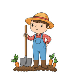 Flat vector illustration of a farmer holding a shovel and standing on soil, isolated on a pure white background, representing planting, gardening, and agricultural labor activities.