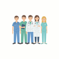 Flat vector illustration of a group of medical professionals standing together, isolated on a pure white background, representing healthcare, hospital teamwork, and medical services.