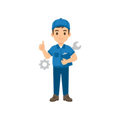 Flat vector illustration of a mechanic holding tools and gear icons, standing isolated on a pure white background, representing automotive service, repair expertise, and technical professions.