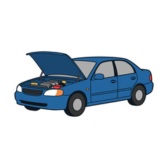 Flat vector illustration of a blue car with open hood indicating engine trouble, isolated on a pure white background, ideal for automotive repair, breakdown, and maintenance concepts.