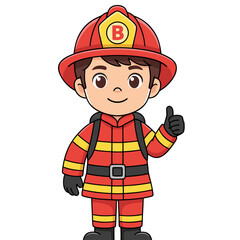 Cute flat vector illustration of a firefighter character wearing protective uniform and helmet, standing confidently and isolated on a pure white background, symbolizing emergency and safety services.
