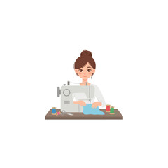 Flat vector illustration of a woman sewing fabric using a sewing machine, sitting at a table, isolated on a pure white background, representing tailoring, fashion, and handmade clothing work.