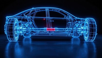 Conceptual Illustration of a Car Chassis with Highlighted Battery Pack and Neon Blue Wireframe on a Black Background