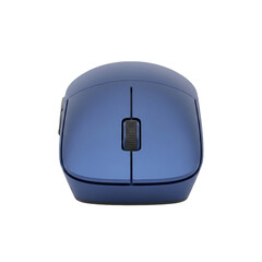 Blue wireless computer mouse with scroll wheel and side buttons.