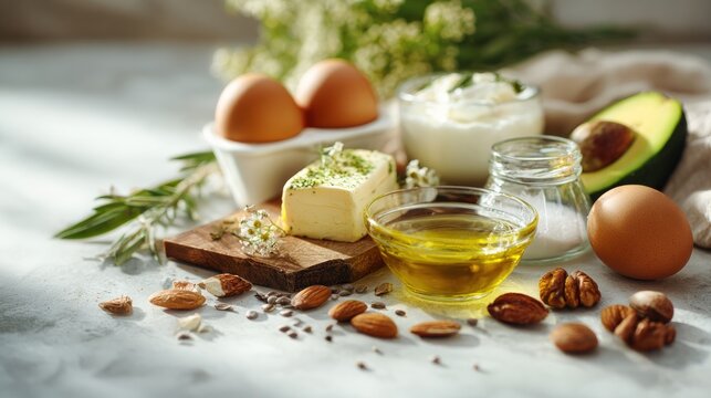 Saturated fats arrangement for healthy diet and nutrition with eggs and butter
