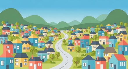 Colorful Suburban Neighborhood with Winding Road and Rolling Hills.