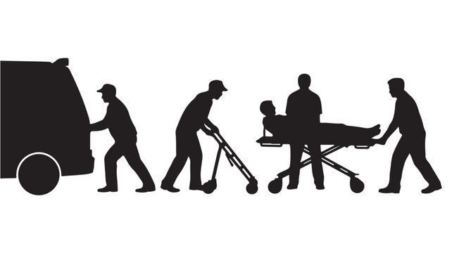 Paramedics moving patient silhouettes in urgent black and white vector illustration for emergency medical services design.