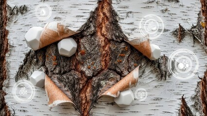 Elegant Macro Photograph of Peeling Birch Bark with Integrated Geometric Ceramic Facets and Holographic Regeneration Icons