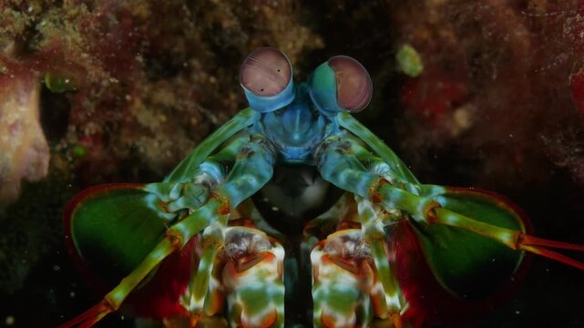 Macro underwater shot of a mantis shrimp watching from its hole. Detailed eye movement highlights one of the ocean&rsquo;s most fascinating animals. Tulamben, Bali, Indonesia