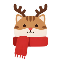 Cute cat face illustration wearing reindeer antlers and red scarf, isolated on a pure white background, perfect for christmas icons and stickers.