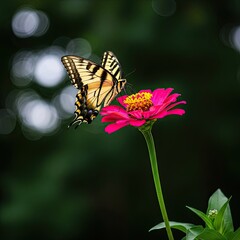 Striking Butterfly Feeds on Vibrant Pink Flower in Serene Garden