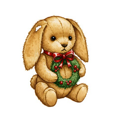 Cute bunny doll holding a christmas wreath, illustrated in a soft plush style and isolated on a pure white background for festive decoration use.