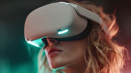 A person wearing a virtual reality headset, immersed in an interactive digital experience