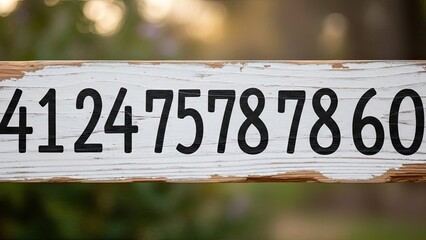 Close-up of weathered wooden sign with large black house numbers