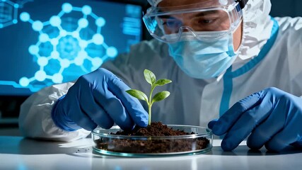 Scientist in a lab coat, mask, and goggles examining a small plant seedling in a petri dish with soil, with molecular structures on a screen in the background. - Powered by Adobe