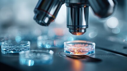 Close up of a microscope examining sample in petri dish in laboratory