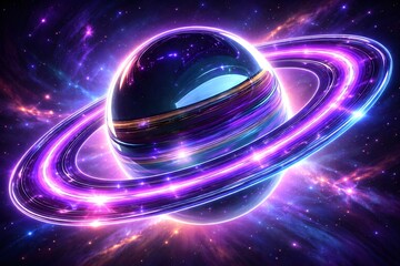 Vibrant planet with glowing rings in a star-filled galaxy
