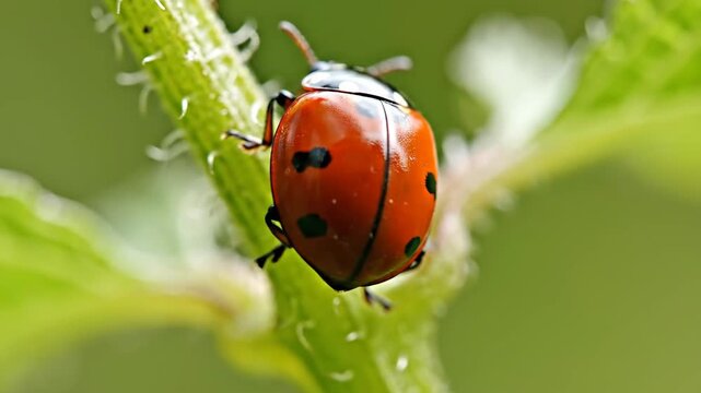 A bright red ladybug with black spots crawls up a vibrant green plant stem in extreme macro detail