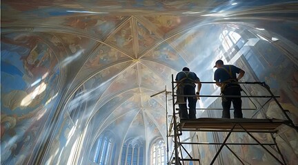 Two workers on scaffolding restore the majestic frescoed ceiling of a grand cathedral, illuminated by dramatic sunbeams