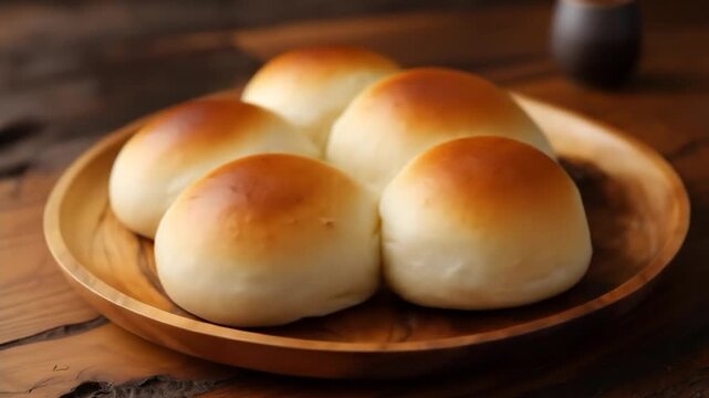 Golden brown japanese milk bread rolls arranged on a wooden plate in time lapse  culinary journey