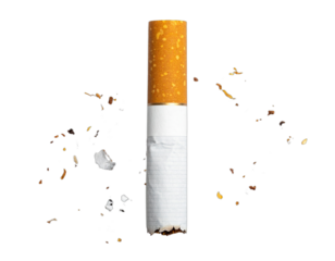 A single cigarette, against a stark black background, with ash surrounding the cigarette's base