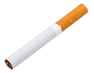 Isolated single cigarette, with filter and tobacco end, on a stark black background