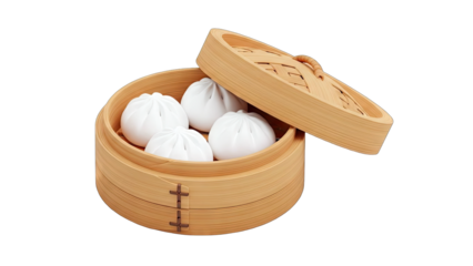 Steamed Baozi in Bamboo Steamer on White Background