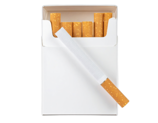 Overhead shot of a partially open, white rectangular box containing multiple cigarettes