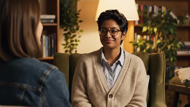 A compassionate young female therapist or counselor actively listens and engages in a supportive conversation with her client during a professional consultation session in a comfortable office settin.