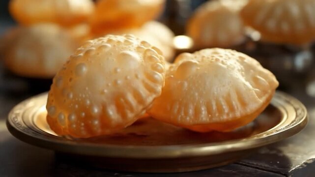 Golden fried indian puri served on brass plates, indian cuisine, traditional food preparation,
