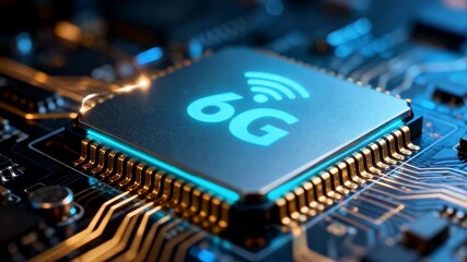 Close-up view of a 6G microchip on a circuit board, representing future wireless technology and high-speed communication. - Powered by Adobe
