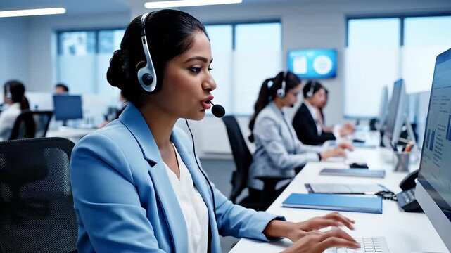 A focused Indian woman wearing a headset actively engages with a computer, providing excellent customer service in a bustling modern call center office environment, demonstrating professional communi.