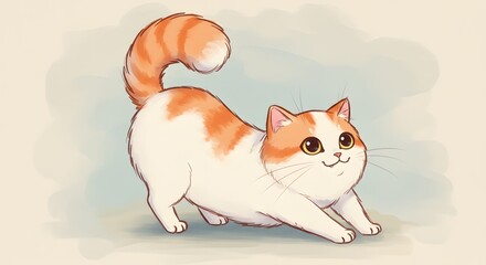 A cartoon orangeandwhite cat arches its back paws stretched forward on a soft neutral background