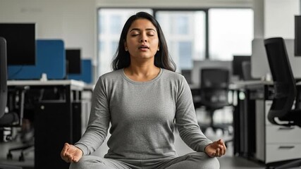 Calm Young Woman Meditating in Office Space for Wellness and Productivity