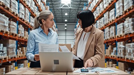 Teamwork in warehouse logistics analyzing inventory data on laptop - Powered by Adobe