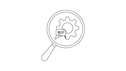 A magnifying glass focuses on a gear with a BUY tag