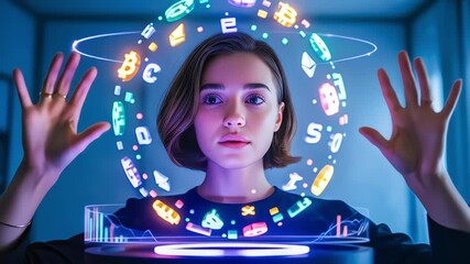 A woman manipulates a futuristic holographic interface of glowing cryptocurrency symbols floating around her hands - Powered by Adobe