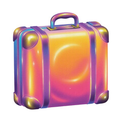 A vibrant, iridescent suitcase stands alone on a plain white background, reflecting colors of pink, purple, and gold.