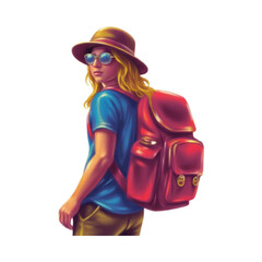 Young traveler with red backpack standing outdoors wearing hat and sunglasses