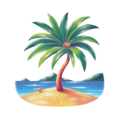 A serene island getaway with a lone palm tree standing tall on a sandy beach surrounded by calm waters and distant mountains